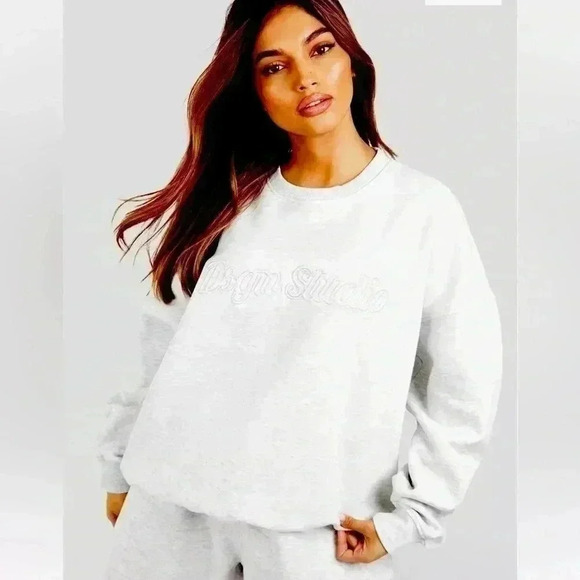 Boohoo Dsgn Studio Embroidered Oversized Sweatshirt Ash Grey Women’s XS - Picture 1 of 10